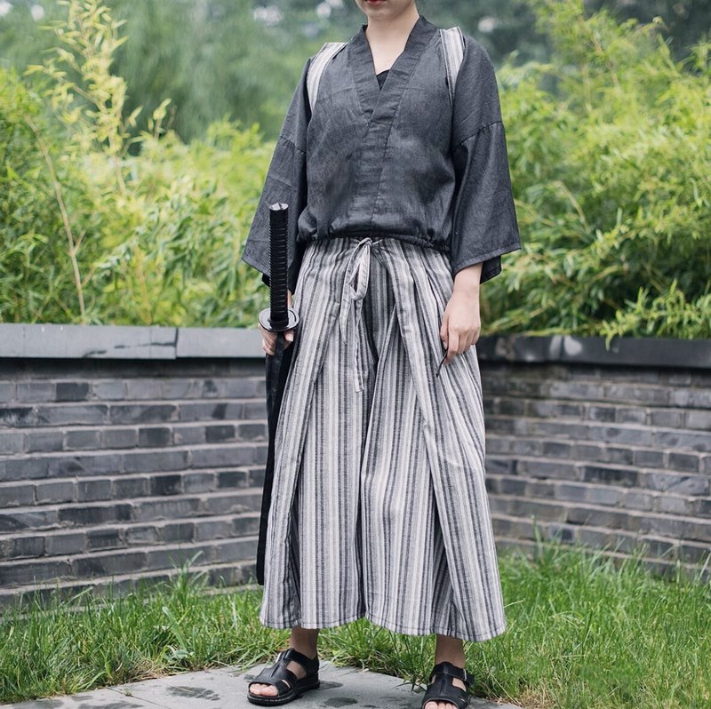 日式和风 高腰阔腿竖条纹武士裤 - 女装长裤 - 其他材质 黑色
