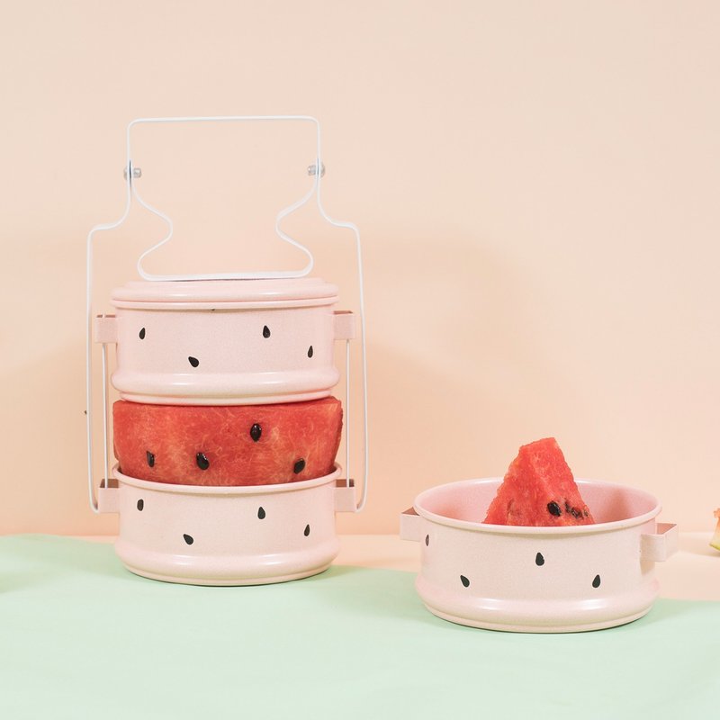 紅色黑點西瓜3層泰國傳統便當盒組 - 厨房用具 - 珐琅 粉红色
