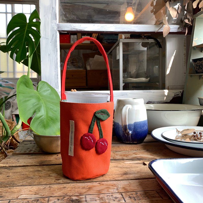 红樱桃/柑橘色底/饮料提袋 - 手提包/手提袋 - 棉．麻 红色