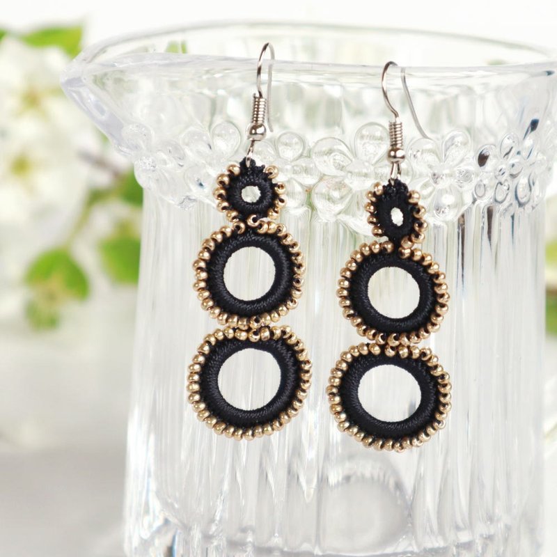OYA crochet Earings  - RING - Black &Gold - 耳环/耳夹 - 绣线 黑色