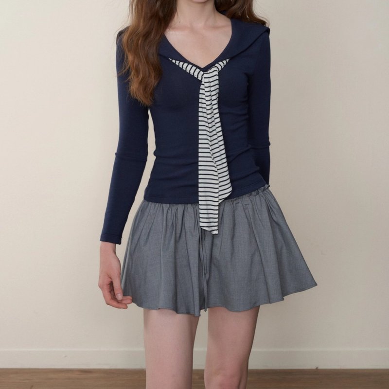 【少女海軍】法式復古/美式學院/領條紋飄帶針織衫 - 女装针织衫/毛衣 - 其他材质 蓝色