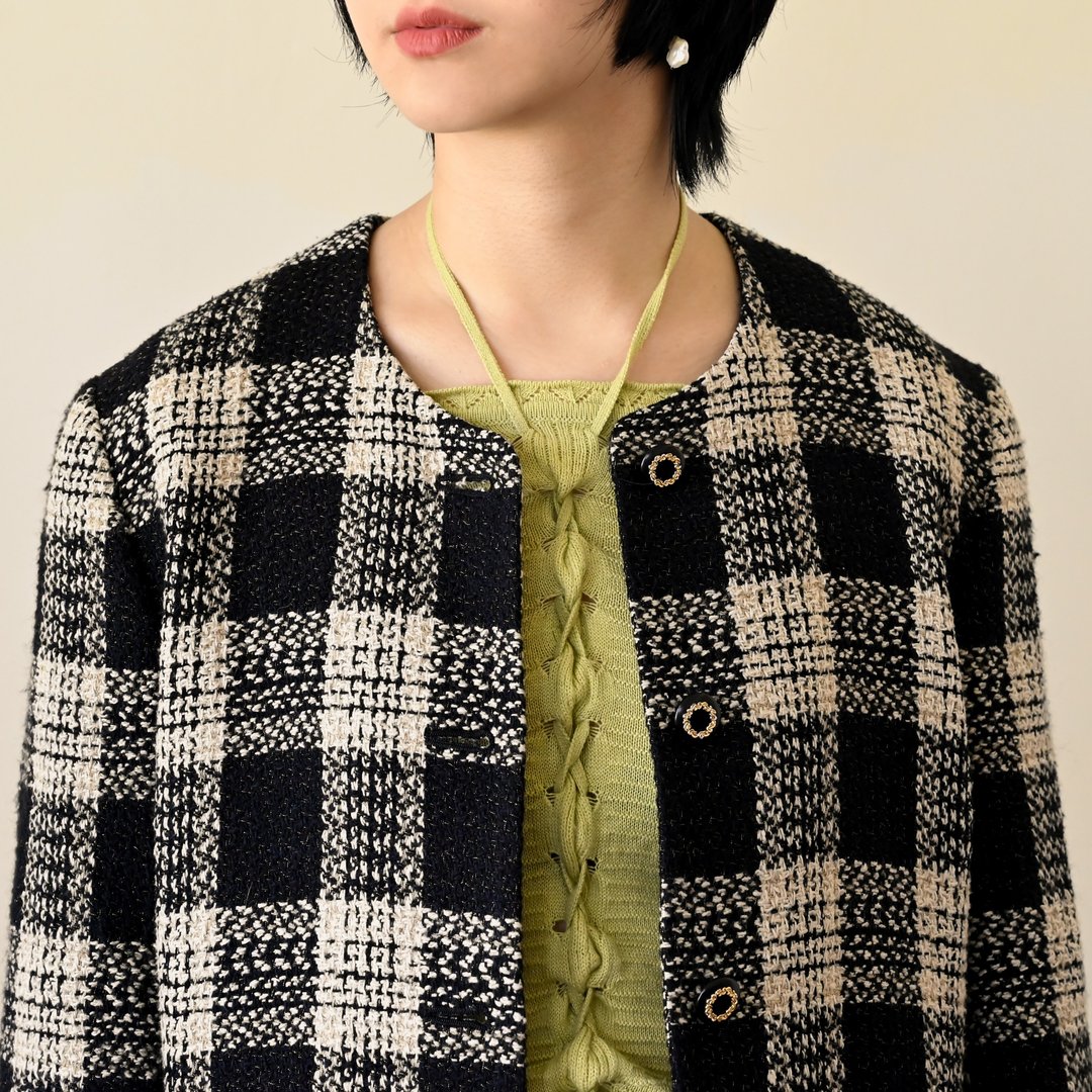 【NaSuBi Vintage】丝质混纺格纹花呢古着套装 - 女装休闲/机能外套 - 丝．绢 黑色