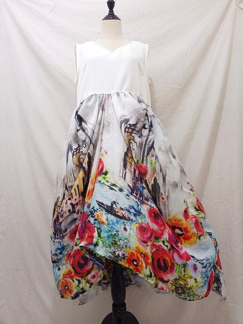 Designer collection 义式威尼斯透纱印花前短后长无袖洋装 - 洋装/连衣裙 - 聚酯纤维 多色