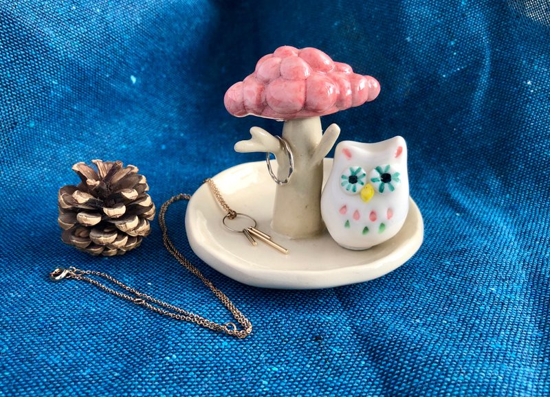 樱花树下的猫头鹰陶瓷饰物碟 - 摆饰 - 瓷 粉红色