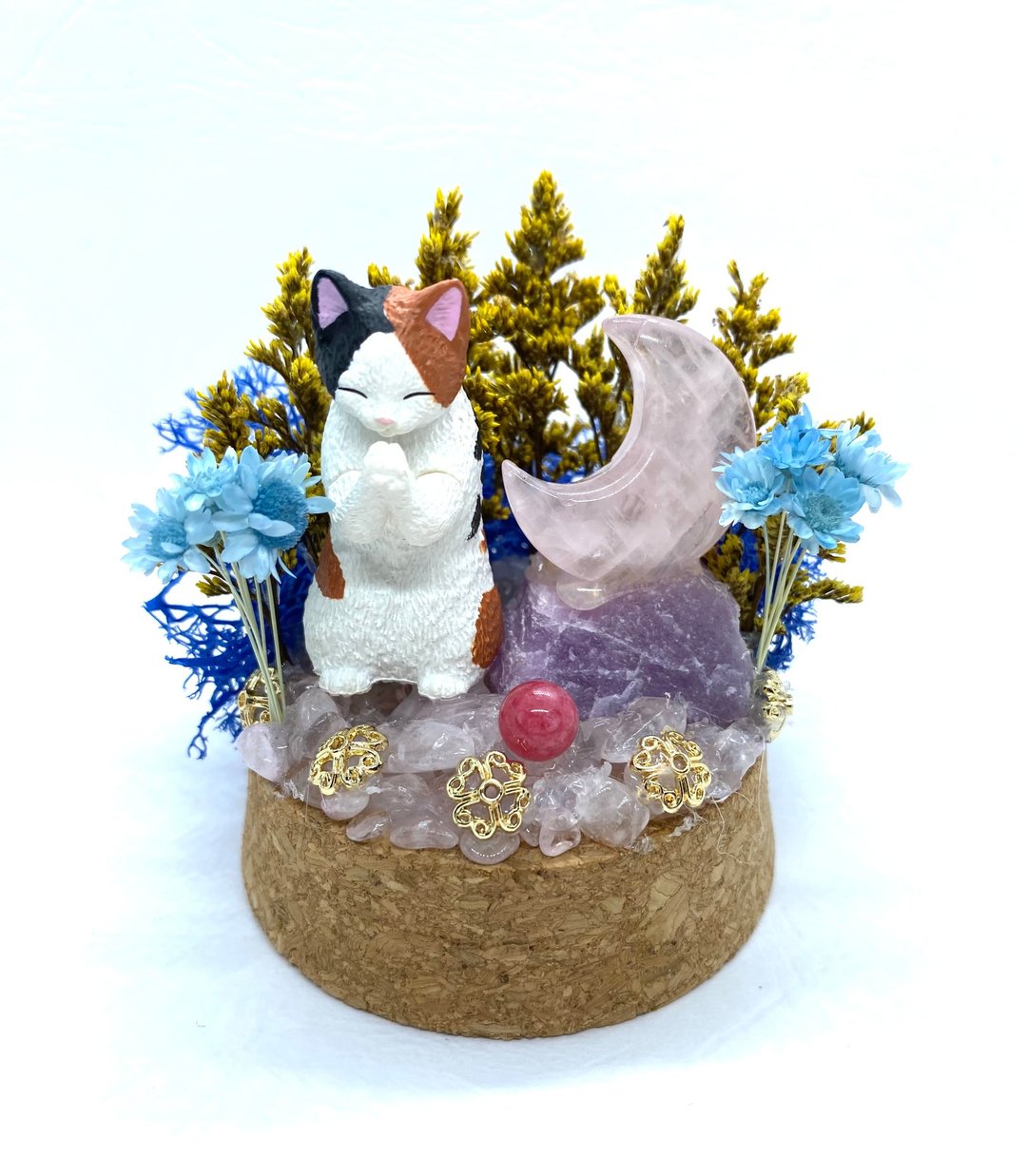 蔚蓝森林-三色猫与粉晶月亮/紫锂辉石/红纹石珠-水晶公仔干燥花 - 摆饰 - 水晶 