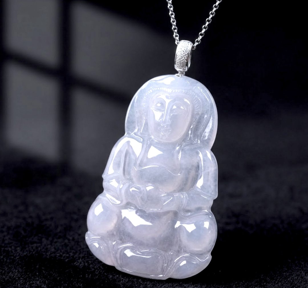 冰种翡翠观音菩萨项链 18K 金钻石 | 天然缅甸玉翡翠 A 货 | 送礼 - 项链 - 玉石 透明