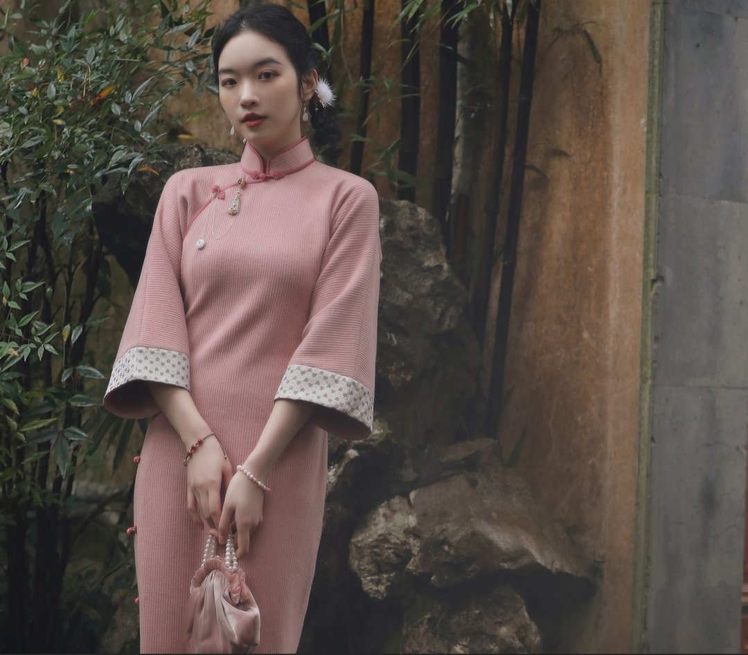梦卿颜 新中式復古 倒大袖针织弹力古法旗袍 - 旗袍 - 其他材质 粉红色