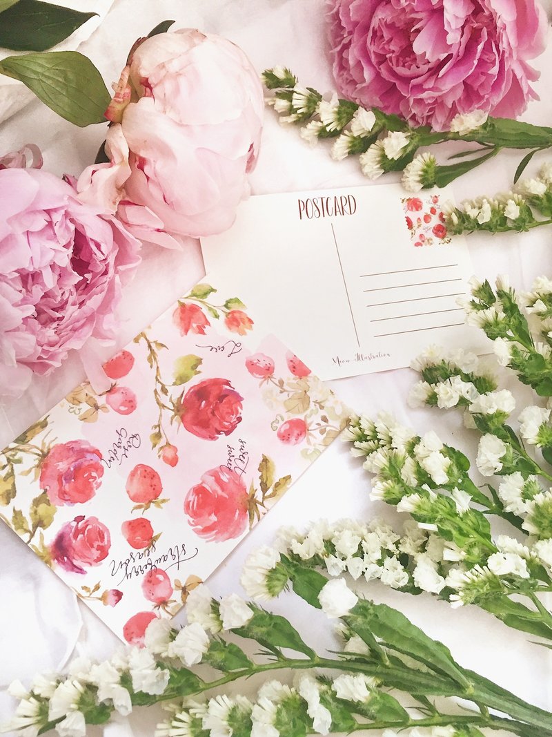 莓瑰园水彩明信片 (WPC-001) - 卡片/明信片 - 纸 红色