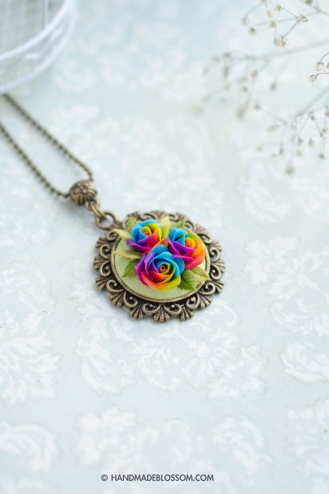 Miniature rainbow rose necklace, Multi color rose jewelry - 项链 - 粘土 多色
