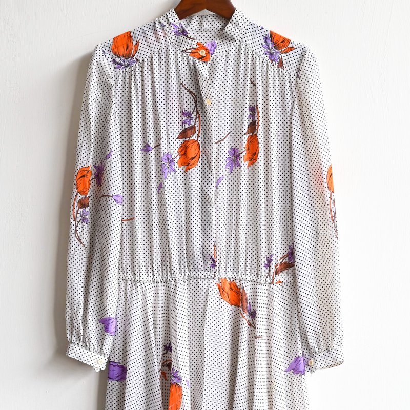 【蛋植物古着】秋云花榭经典轮廓印花古着洋装 - 洋装/连衣裙 - 其他人造纤维 