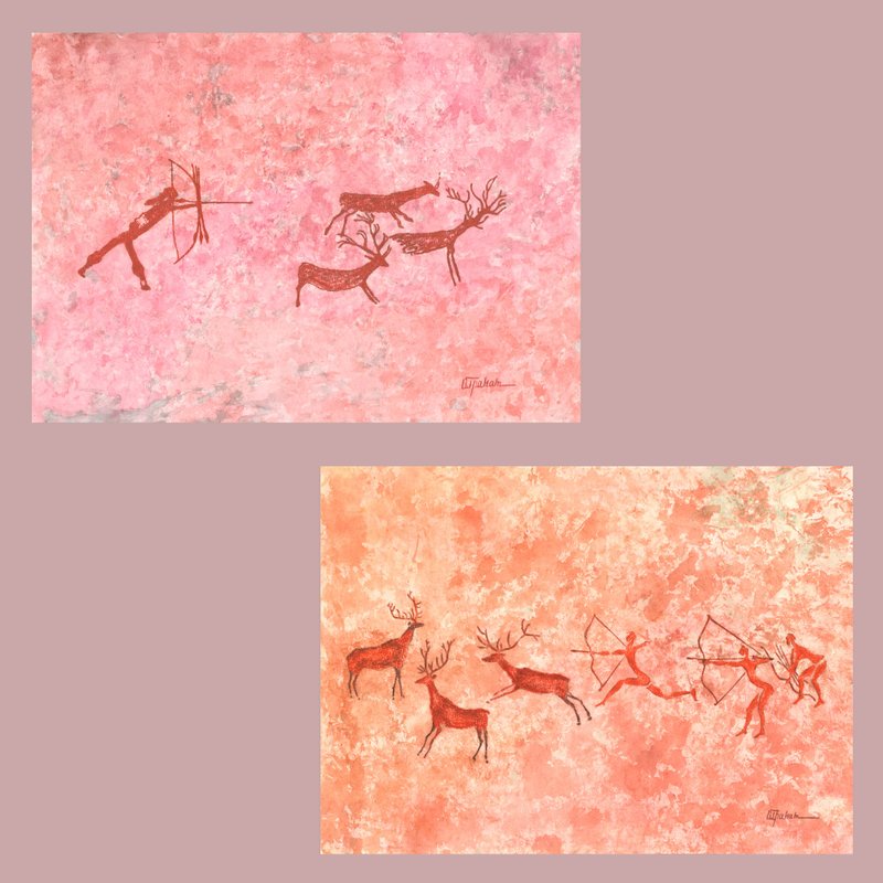 猛犸象狩猎画内部史前艺术水彩画末粉彩画 - 海报/装饰画/版画 - 纸 红色