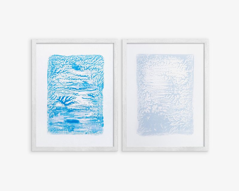 假日冬季墙艺术画廊墙面套装 2 张 Monotype 版画抽象纹理 - 海报/装饰画/版画 - 纸 蓝色