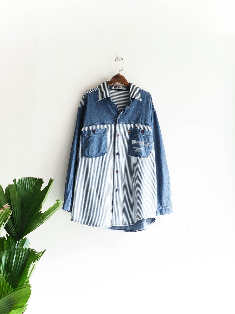 河水山 - 蓝色洋流条纹独立时代 丹宁古董衬衫上衣外套 古着 中性 shirt oversize vintage - 女装衬衫 - 棉．麻 蓝色