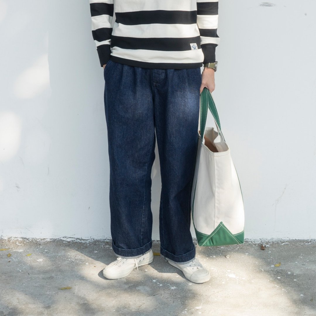 日系搭配 洗水法式牛仔阔腿工装牛仔裤 双褶直筒 Wide cut denim - 男士长裤 - 棉 蓝色