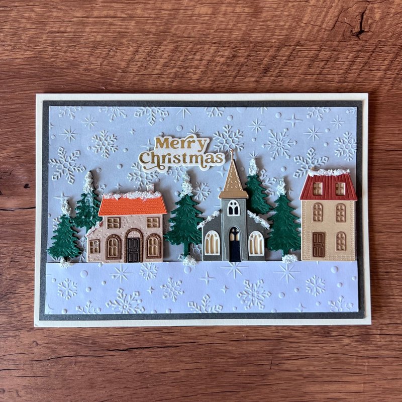 MERRY CHRISTMAS 街上 小屋 教堂 下雪 背景 圣诞卡 - 卡片/明信片 - 纸 灰色