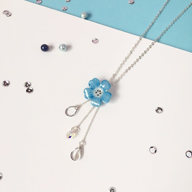 *Haku·Neko* 手绘粉蓝色粉蝶花闪烁流星水滴水晶颈链 项錬 - 颈链 - 植物．花 蓝色