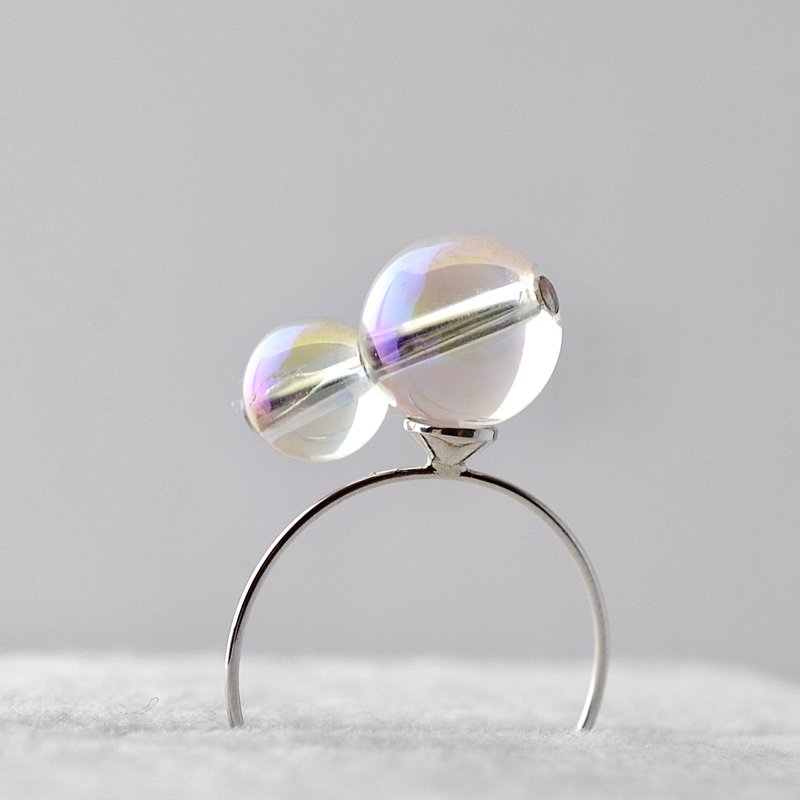 Soap Bubble Ring Crystal Open Ring Free Size Coil Ring Silver Color Japanese Design - 戒指 - 半宝石 透明