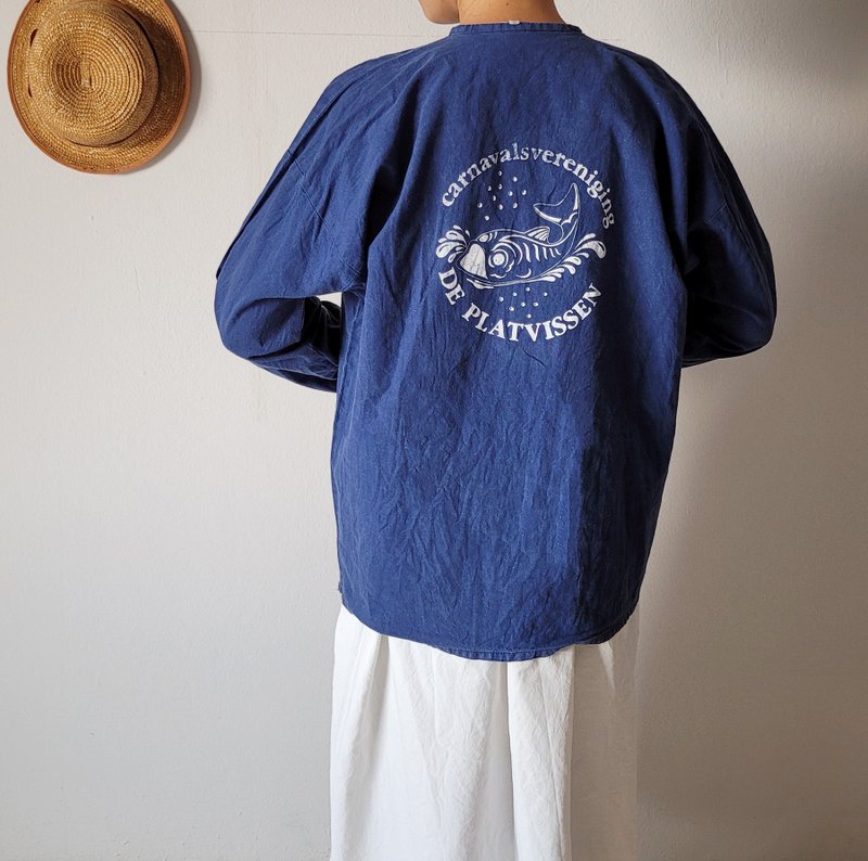 BajuTua /古着/ 荷兰绑带海事工作衫 - 男装衬衫 - 棉．麻 蓝色