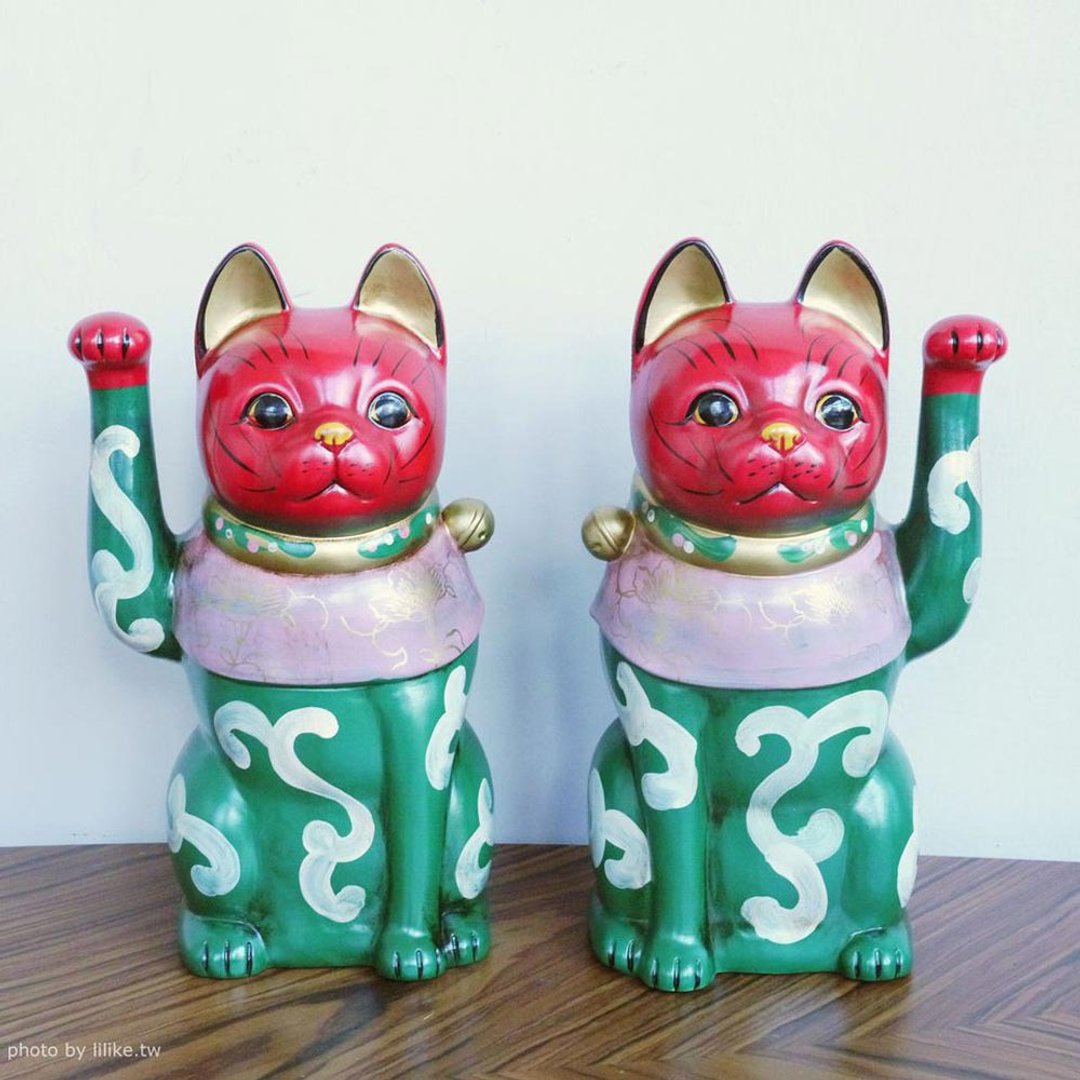 唐草歌舞伎大招财猫一对 - 摆饰 - 陶 绿色