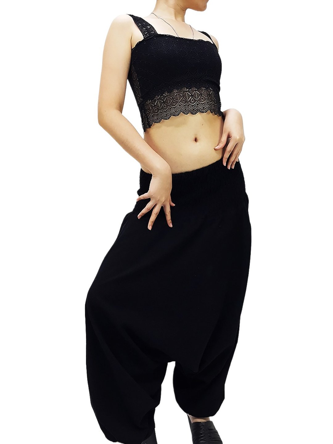 Women Harem Pants Organic Cotton Pants Aladdin Pants Drop Crotch Pants Jumpsuit - 女装长裤 - 棉 黑色