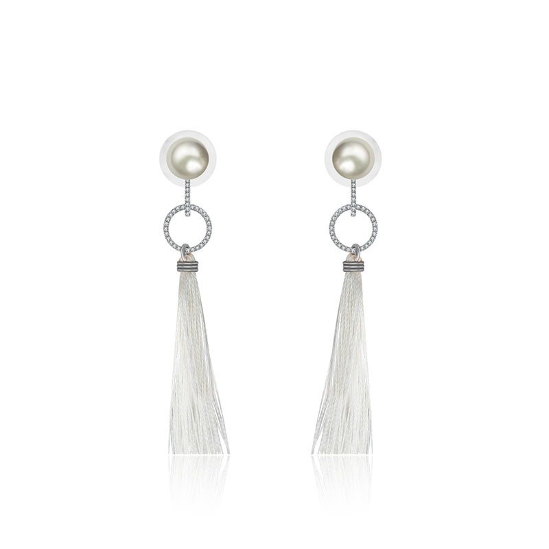 18k圆形流苏珍珠钻石耳环 - 耳环/耳夹 - 其他金属 白色