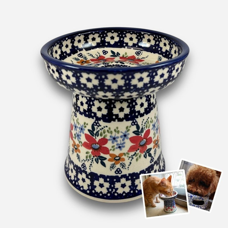 波兰手绘手工陶-宠物碗 高脚碗 猫咪/小型犬适用 14cm - 碗/碗架 - 陶 多色