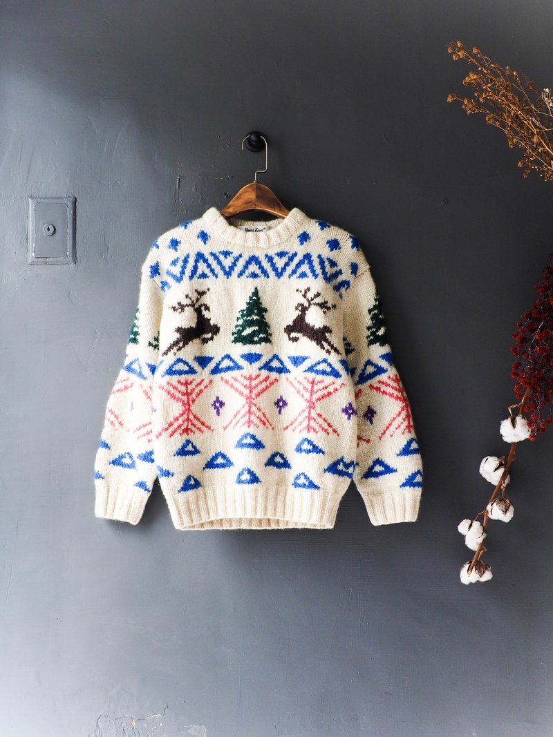 河水山 - 香川圣诞祭典彩色麋鹿 古董羊呢毛质上衣 古着 毛衣 vintage oversize - 女装上衣 - 羊毛 白色