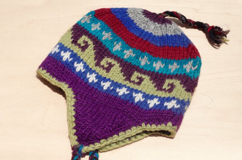 圣诞礼物 限量一件儿童毛帽 / 针织纯羊毛保暖毛帽 / 儿童飞行毛帽 / 内刷毛帽 / 针织毛帽 / 童装护耳毛线帽 - 东欧风海浪民族图腾 - 围嘴/口水巾 - 羊毛 多色