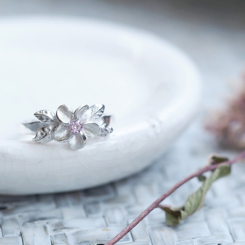 Ring Silver 925 with cherry leaves - 戒指 - 其他金属 蓝色