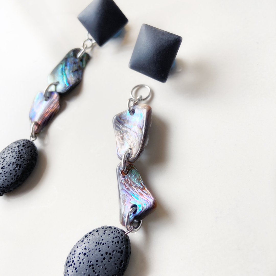 Galaxy 2way earrings /floating/ Interchangeable/black/abalone shell/lava - 耳环/耳夹 - 贝壳 黑色