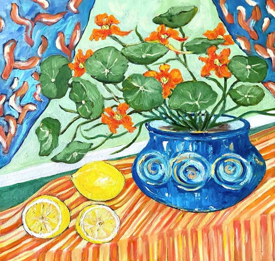 金莲花和柠檬的静物画布油画鲜花花束治愈艺术野兽派马蒂斯启发 - 墙贴/壁贴 - 其他材质 绿色