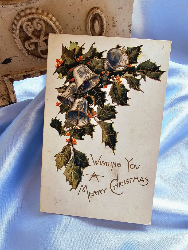 描金浮雕冬青圣诞铃祝卡/古董明信片/老明信片 - 卡片/明信片 - 纸 