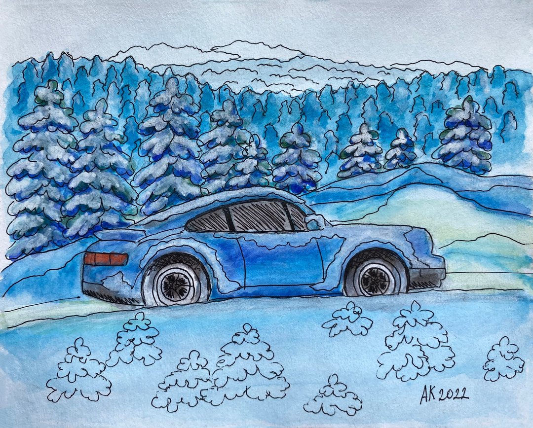 雪路水彩画，自然艺术品，保时捷 911，冬季风景 - 墙贴/壁贴 - 其他材质 蓝色