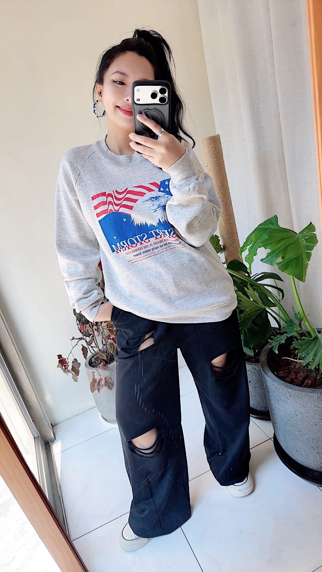 U.S.A. sweatshirt 浅灰美国鹰磨毛 宽松大尺寸 古着大学T卫衣 - 中性连帽卫衣/T 恤 - 棉 灰色