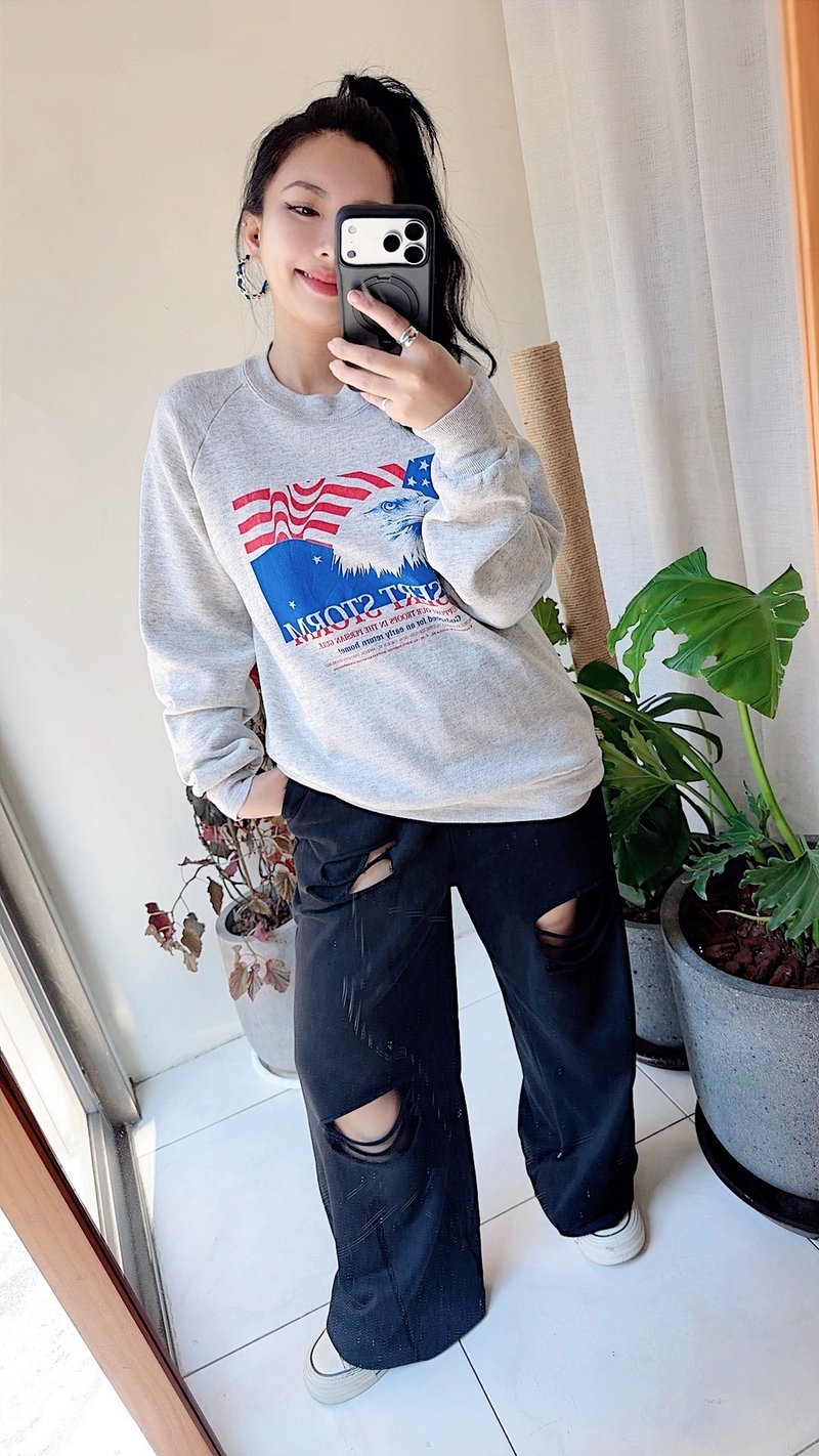 U.S.A. sweatshirt 浅灰美国鹰磨毛 宽松大尺寸 古着大学T卫衣 - 中性连帽卫衣/T 恤 - 棉．麻 灰色