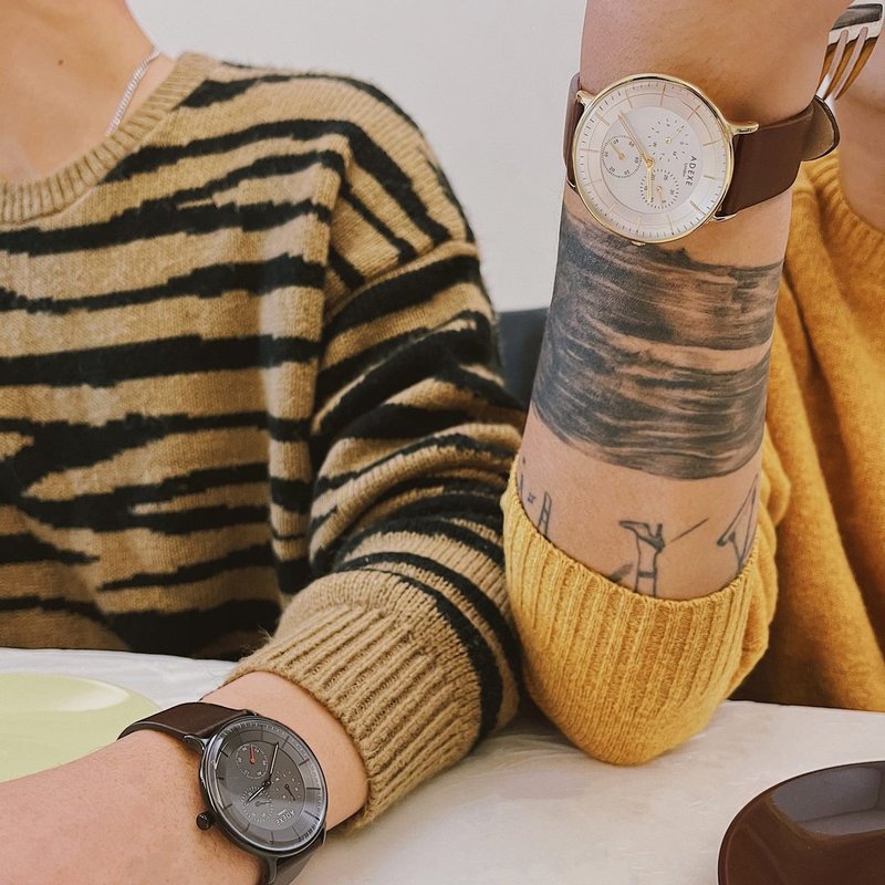 THEY中性深咖啡色三眼多功能手表 原创设计 - 男表/中性表 - 真皮 咖啡色