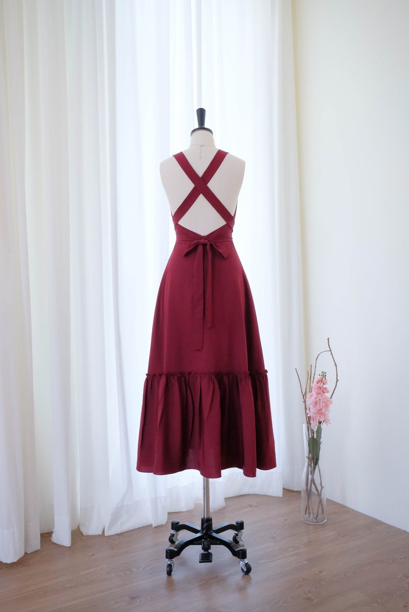 Cross back burgundy bridesmaid dress backless party cocktail wedding dress - 洋装/连衣裙 - 聚酯纤维 红色