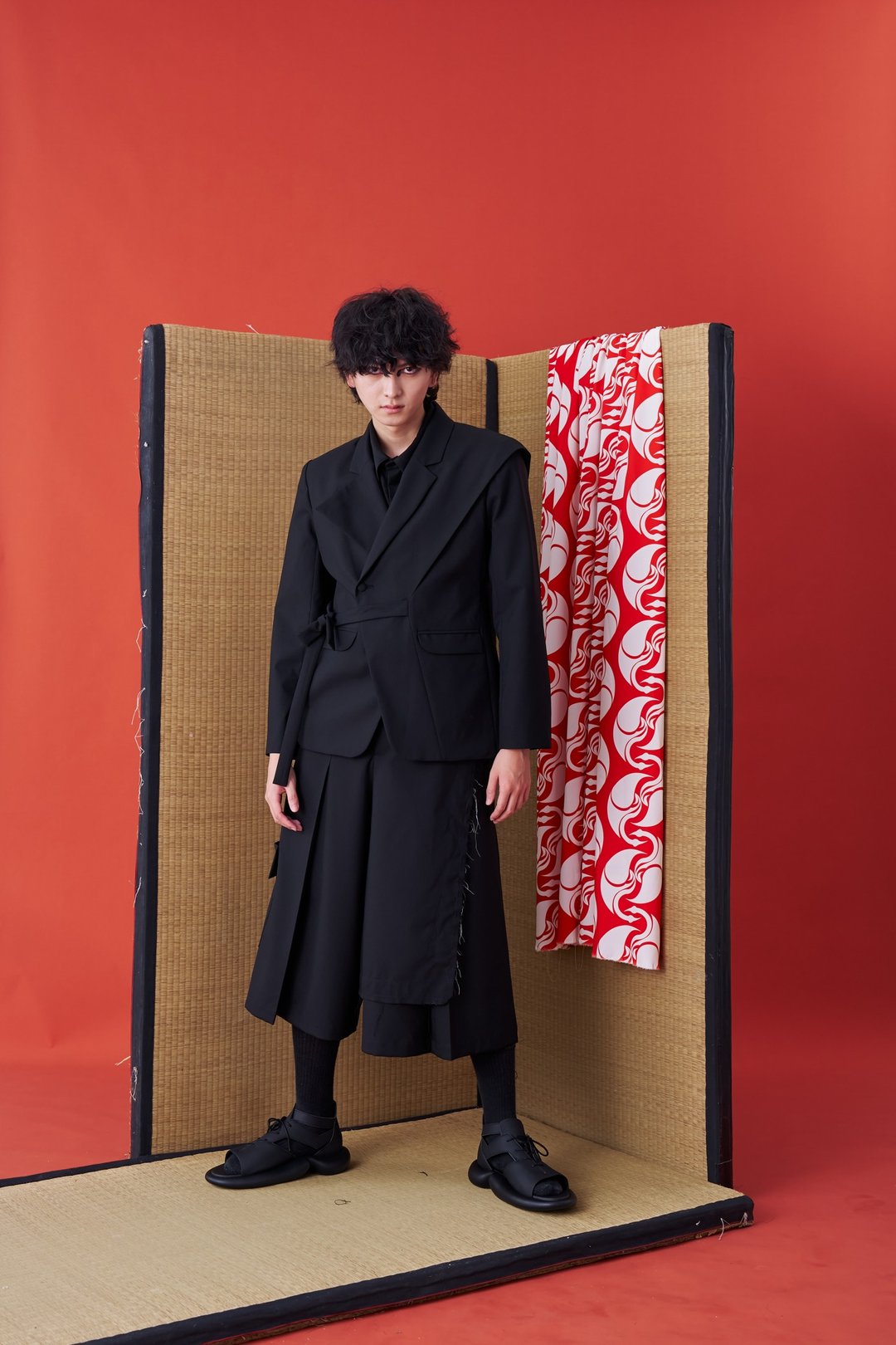 西装外套/日式羽织/特殊设计/绑带/24AW-INF - 男装外套 - 聚酯纤维 黑色