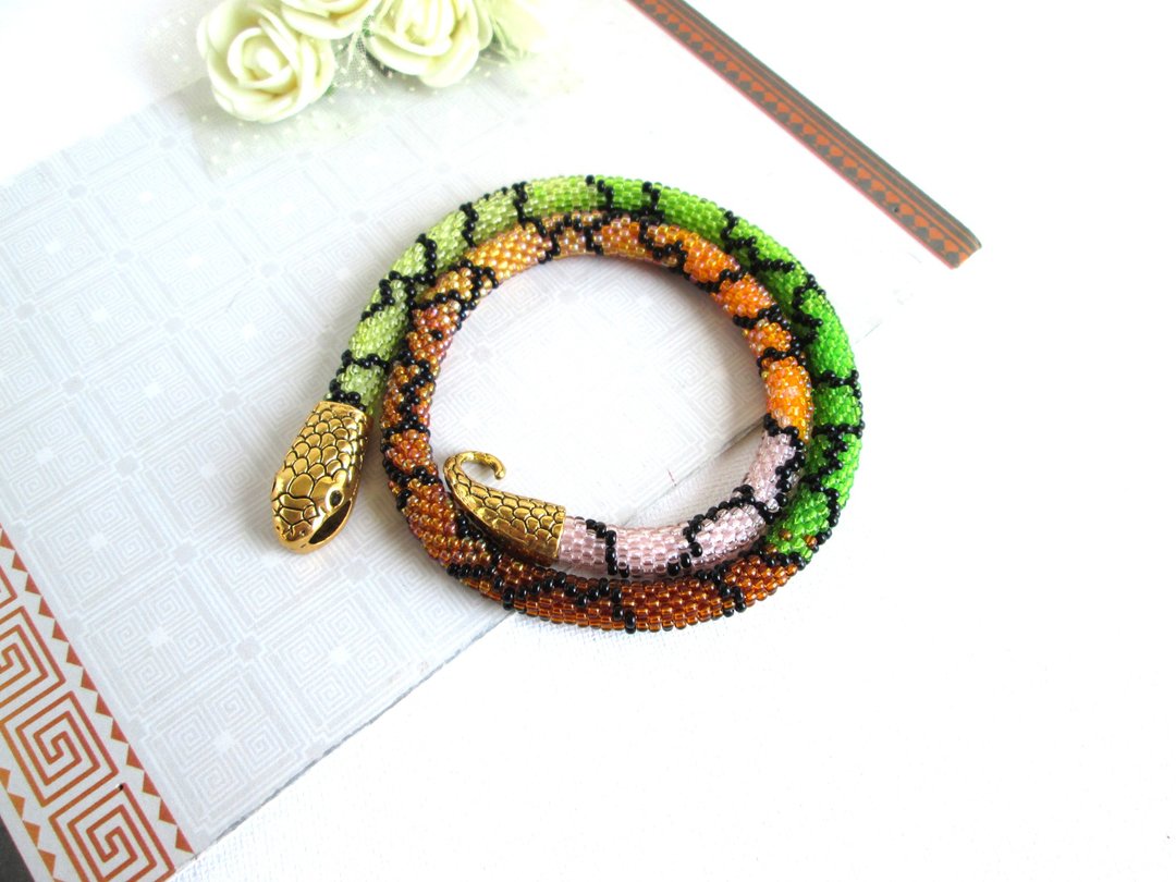 Beaded Snake Necklace bracelet Rainbow colors Forest snake Ouroboros jewelry Ser - 手链/手环 - 其他材质 多色