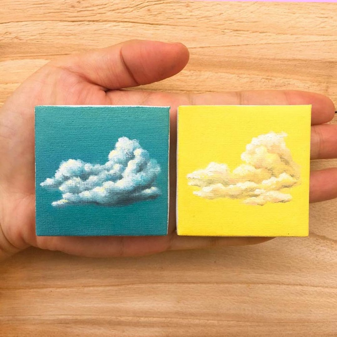 云彩晴空袖珍油画。迷你大自然书桌装饰收藏。云朵画作1组2幅。 - 海报/装饰画/版画 - 棉 