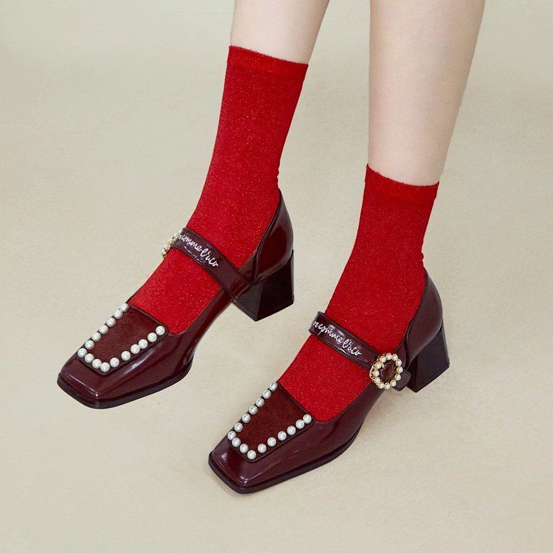 | HOA | 小方头复古珍珠玛丽珍跟鞋 | 枣红色 | 5727 - 高跟鞋 - 真皮 红色