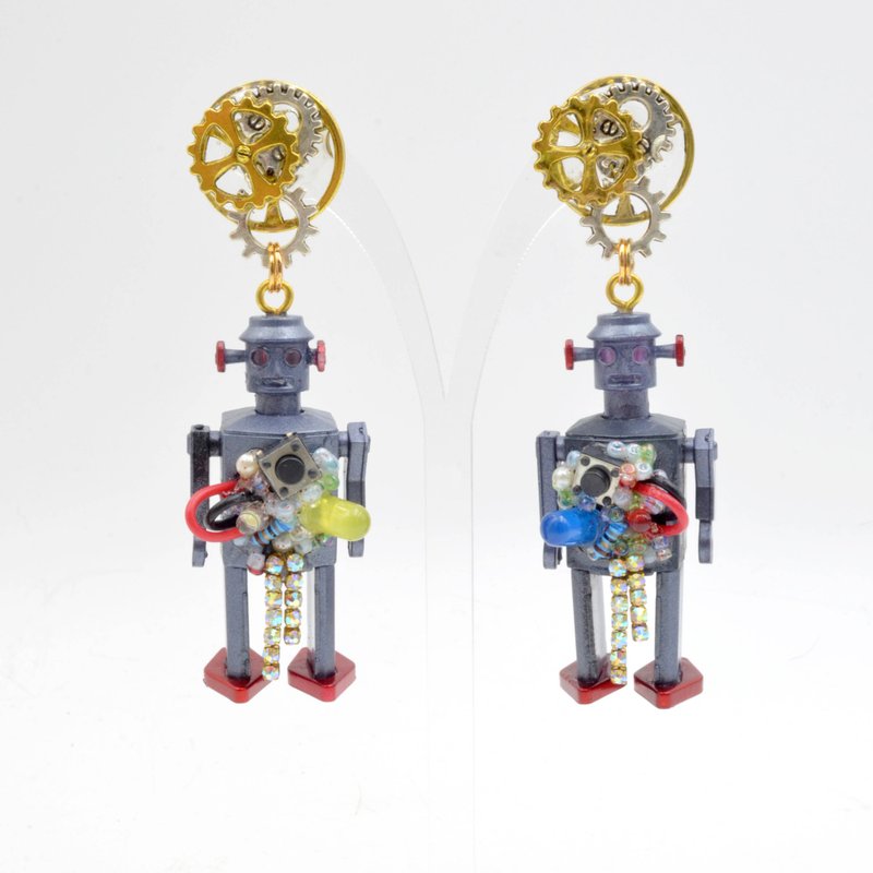 TIMBEE LO 手工制 爆炸机械人耳环 齿轮耳钉 怀旧机器人 - 耳环/耳夹 - 塑料 银色