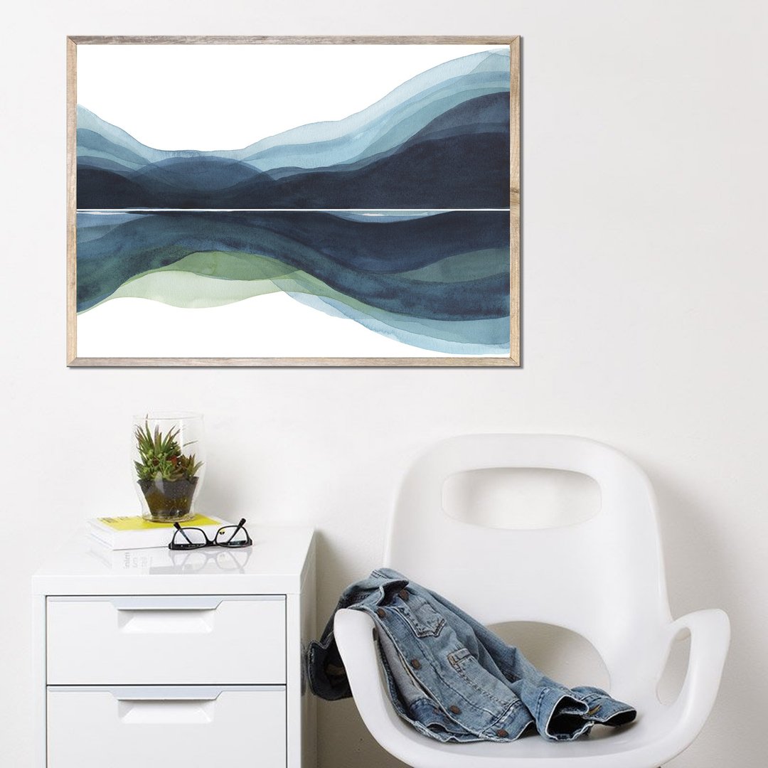 Mountain Lake Art Print Dark Blue Landscape Wall Art Minimal Watercolor Painting - 海报/装饰画/版画 - 纸 蓝色