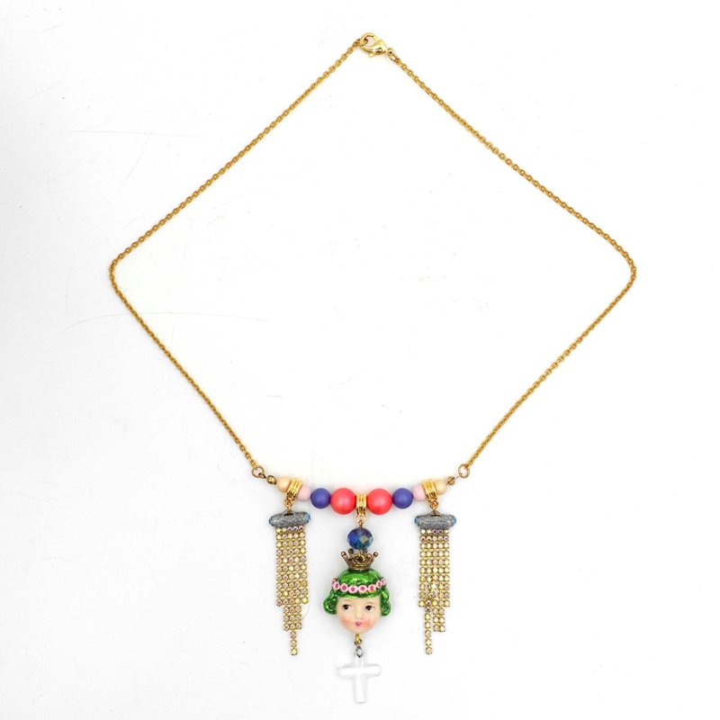 金属色绿发娃娃缀十字架水晶宝石装饰镀真金颈链项链全手工可定制 - 项链 - 其他金属 多色