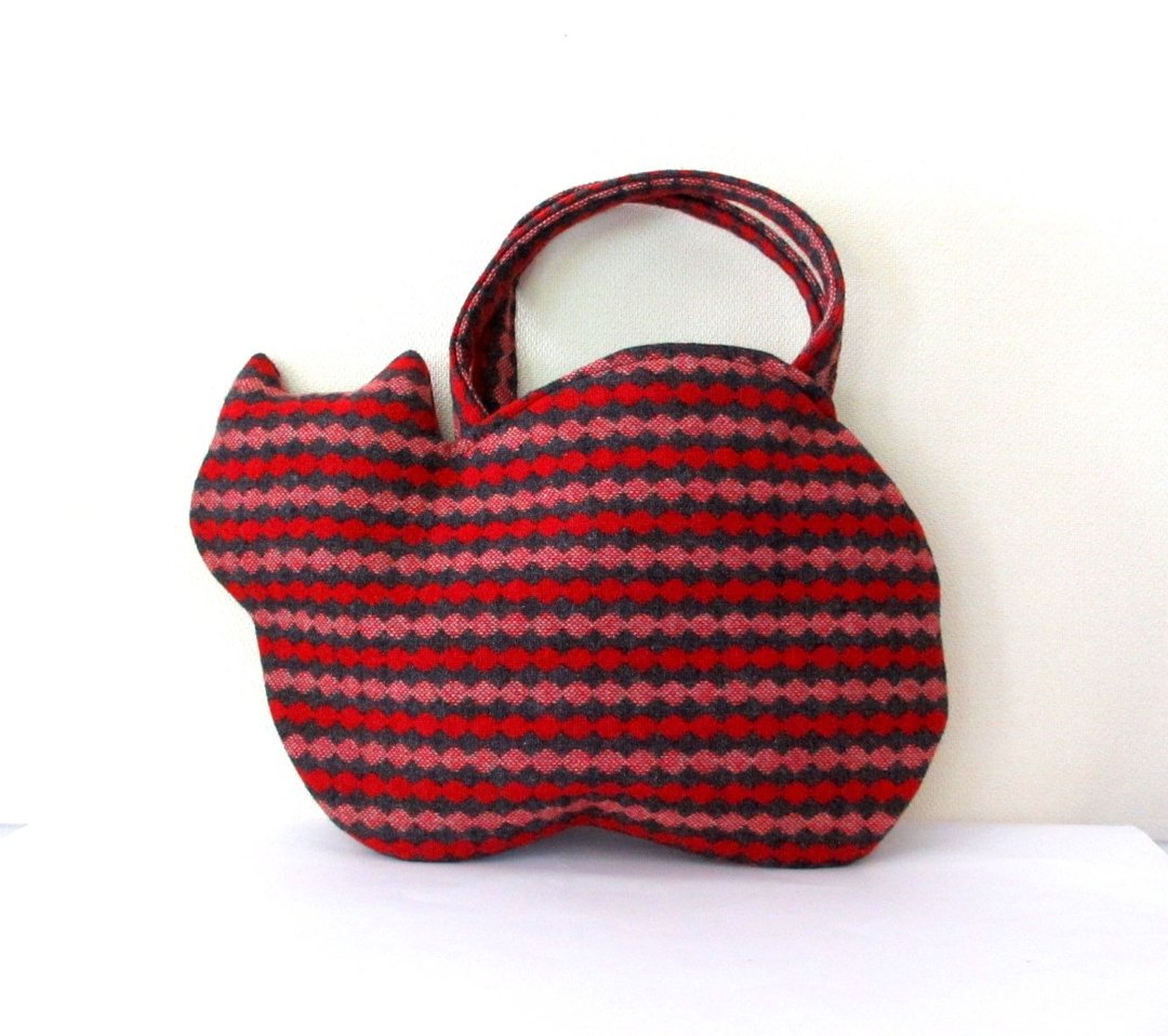 New Wool Cat Bag Red and Gray Stripes - 手提包/手提袋 - 棉 红色