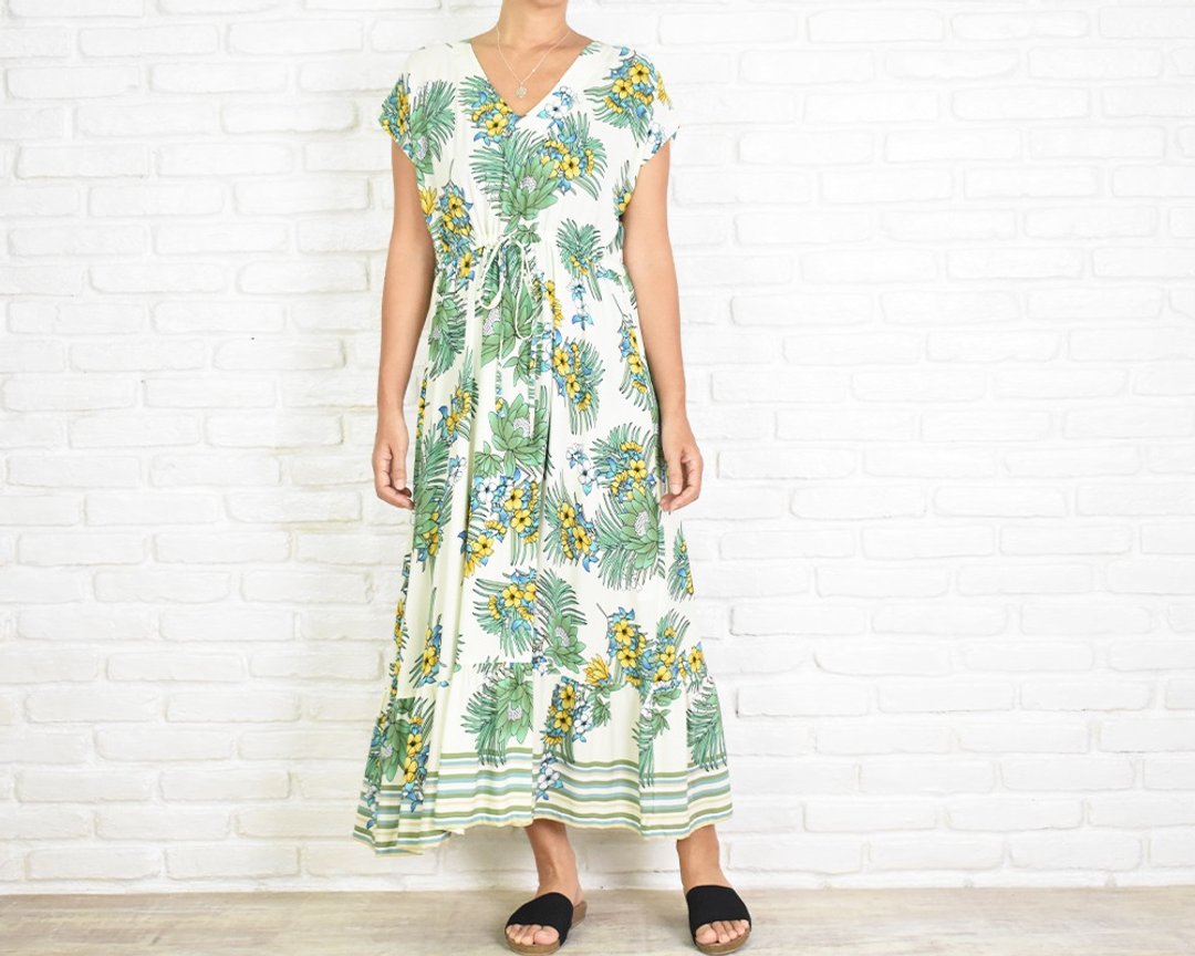 Plumeria pattern frill dress - 洋装/连衣裙 - 其他人造纤维 绿色