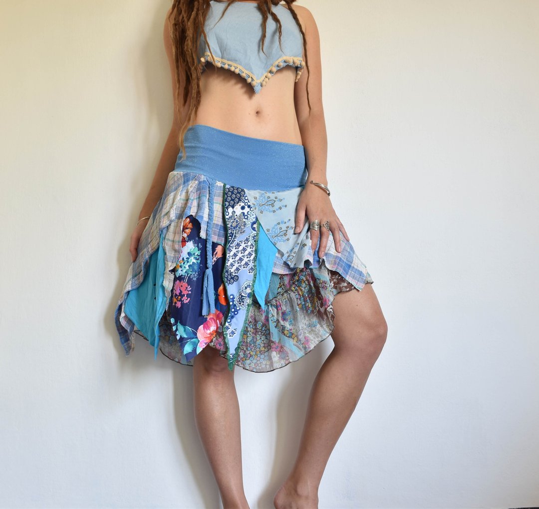 blue elastic waist mermaid skirt, tattered pixie skirt with braids - 裙子 - 棉 蓝色