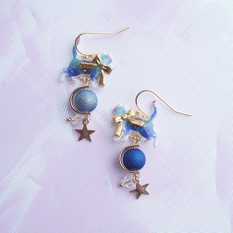 梦幻星河猫 软萌可爱猫咪 小猫 可改耳夹耳勾 原创礼物 - 耳环/耳夹 - 其他材质 蓝色