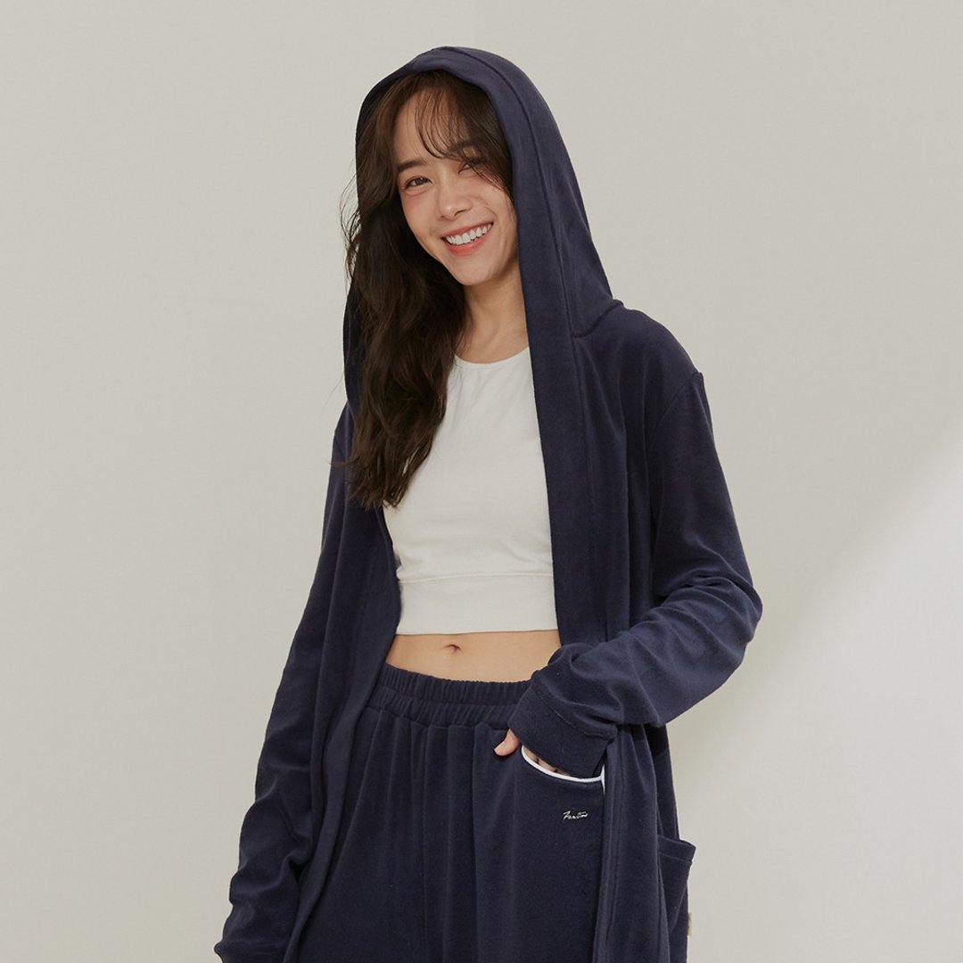 保暖毛巾布长版连帽外套-午夜蓝/居家服/胶原蛋白纱 - 居家服/睡衣 - 棉 蓝色