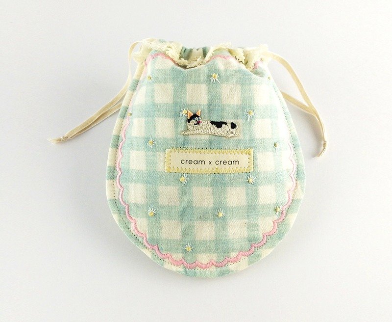 Vintage蓝格花边电绣小雏菊束口袋(S)- Cat - 束口袋双肩包 - 棉．麻 蓝色